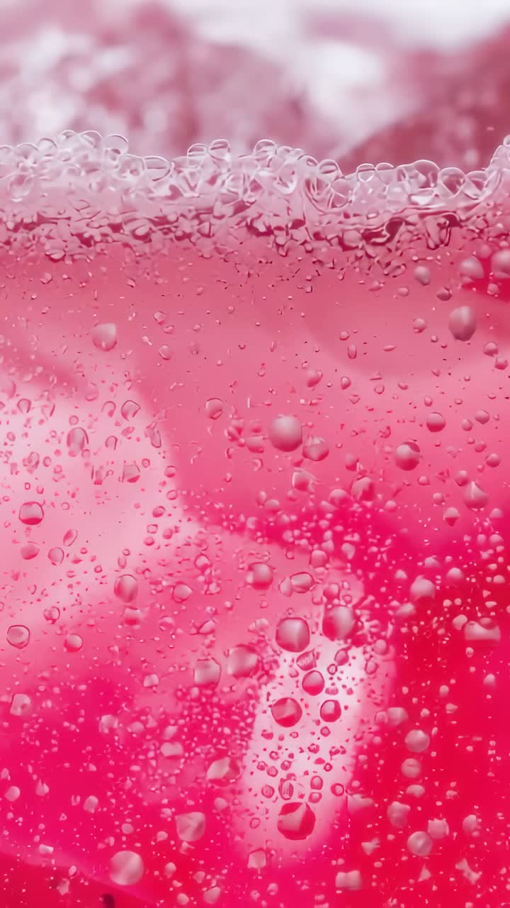 Vídeo vertical: Panel de cristal que revela gotas que se desplazan a medida que suben pequeñas burbujas cerca de la espuma en gel rosa