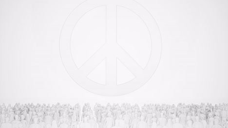 outlined-silhouettes-of-crowd-standing-idle-in-front-of-a-huge-peace-symbol-on-white-background,-3D-animation,-animated-scene,-camera-zoom-out