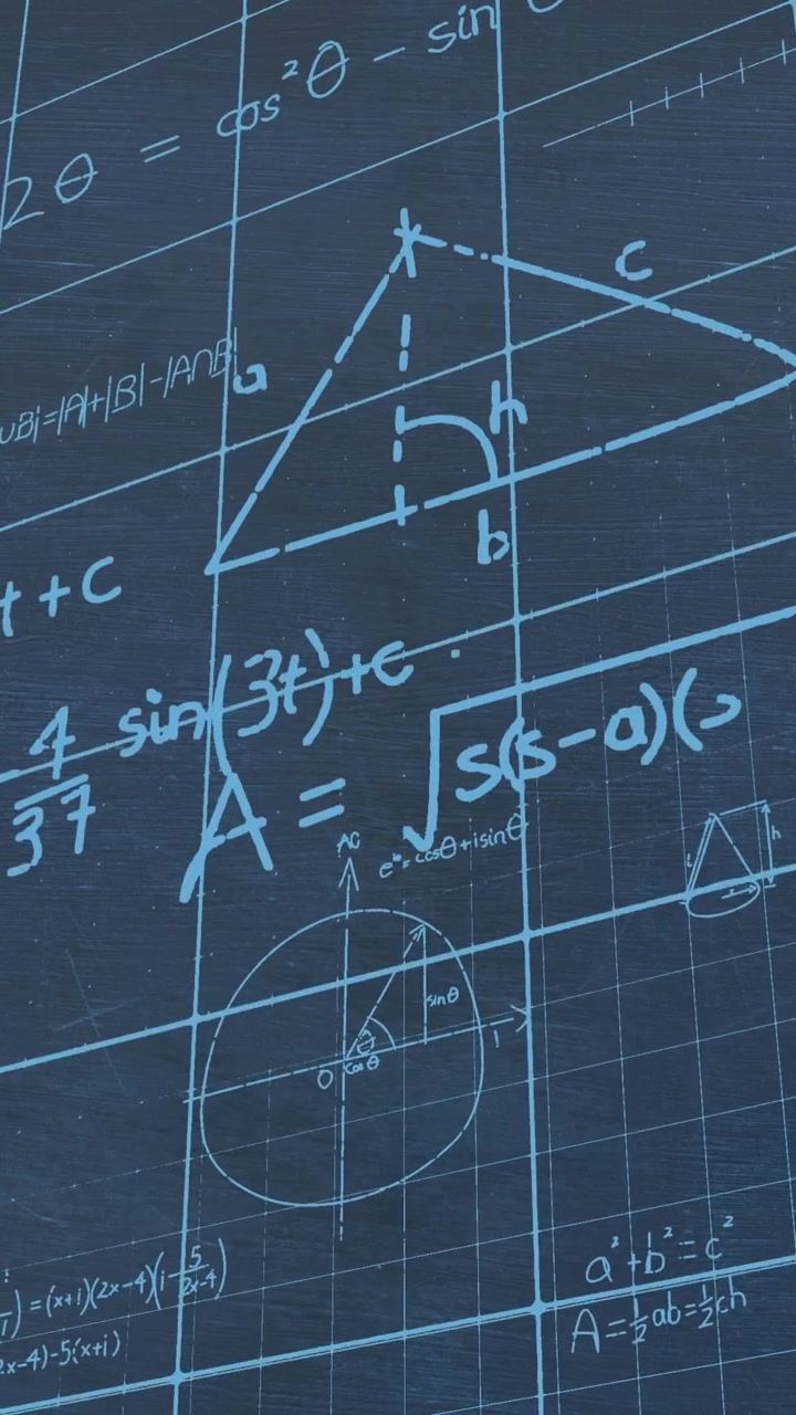 Animazione di equazioni e formule matematiche fluttuanti su sfondo di lavagna blu.