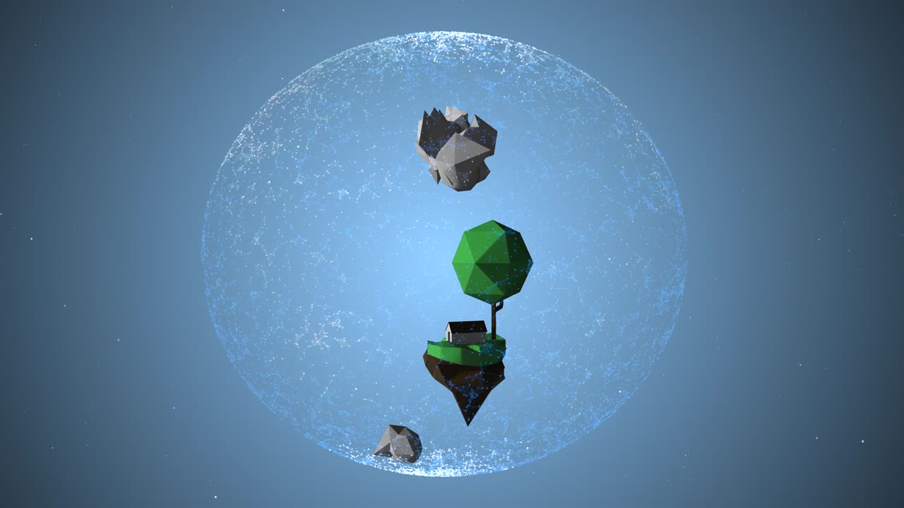 푸른 배경 위에 투명한 보호 구 안에서 회전하는 작은 섬의 만화 애니메이션.