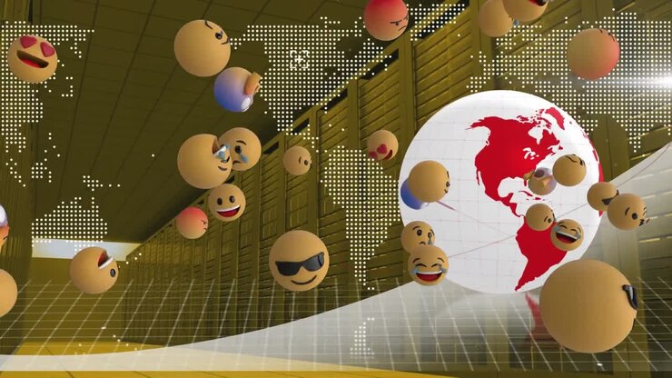 Molteplici emoji di volti che fluttuano sopra un mappamondo rotante e una mappa del mondo, contro una sala server.