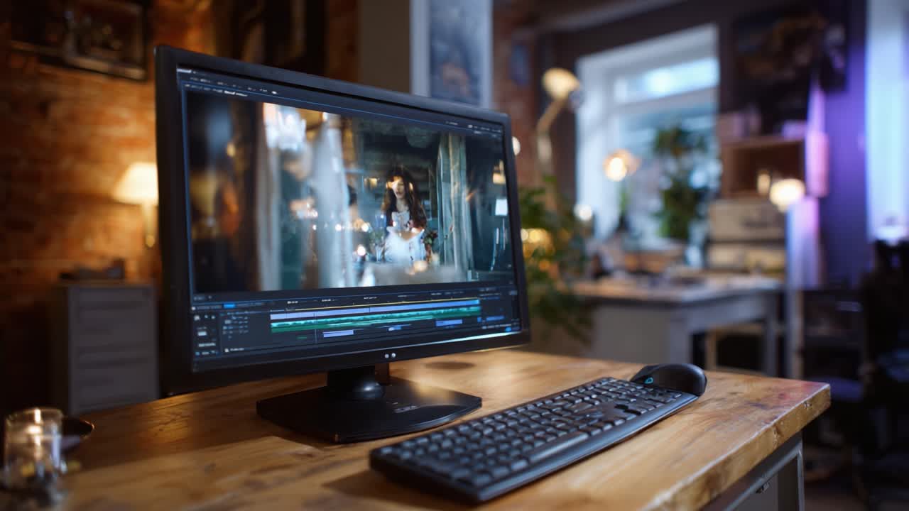 Modifica di un video: scene accattivanti si susseguono sul monitor con una splendida illuminazione e un’area di lavoro creativa sullo sfondo, creando un’atmosfera vivace