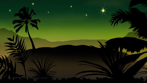 Animation-of-black-silhouette-of-tropical-landscape-over-green-background