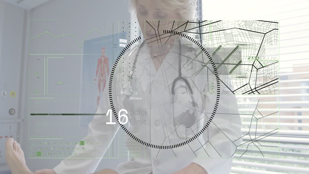 Clinician palpating patient leg on exam table, HUD dial updating numeric readouts for diagnosis