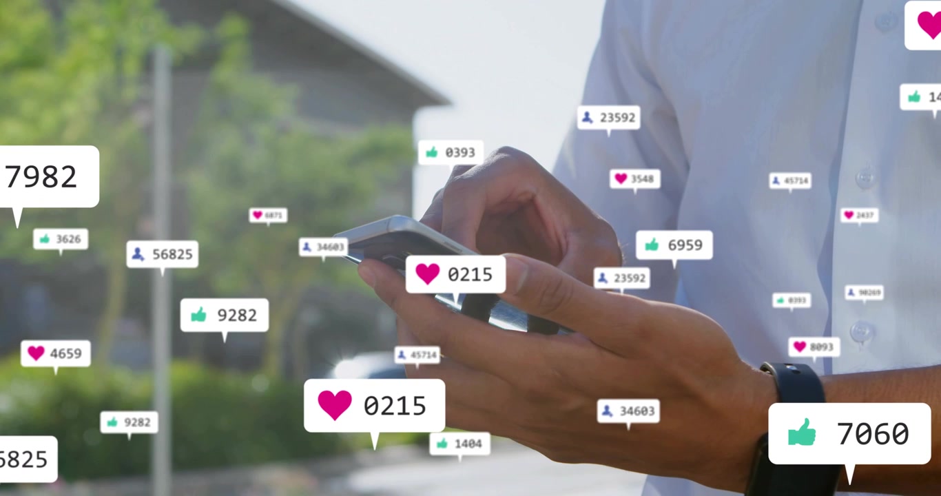Man tapping smartphone on sunlit walkway, spawning social media badges and monitoring rising counts