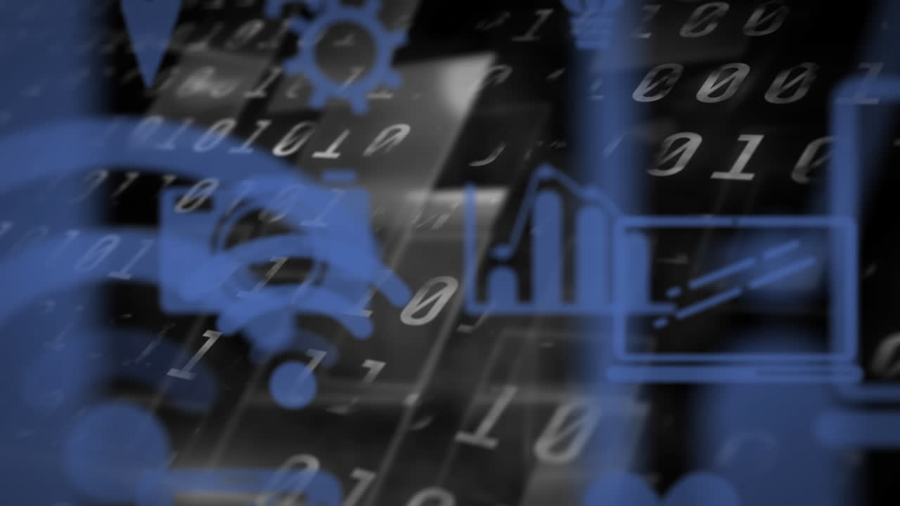 animación de procesamiento de datos e iconos de medios en fondo negro