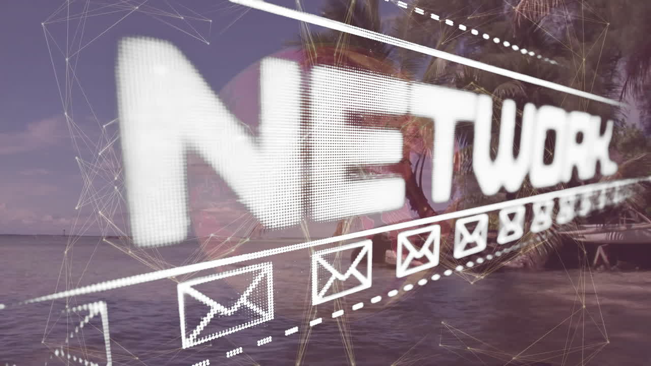 Network text and email icons animation over tropical beach background
