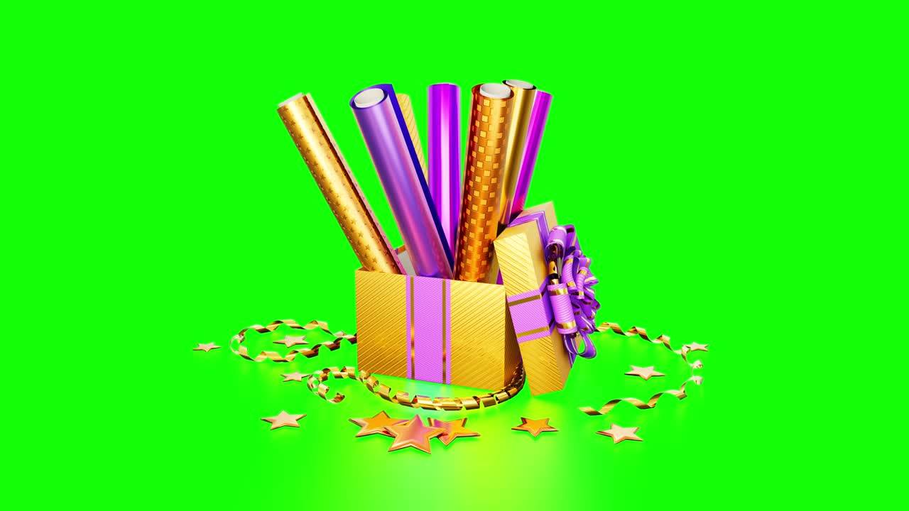 bonito embalaje de regalo y regalo en pantalla verde, aislado