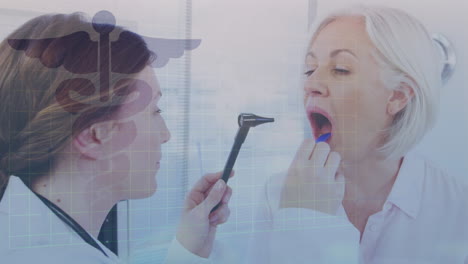 procesamiento de datos estadísticos y símbolo de caduceo sobre una dentista examinando los dientes de una mujer