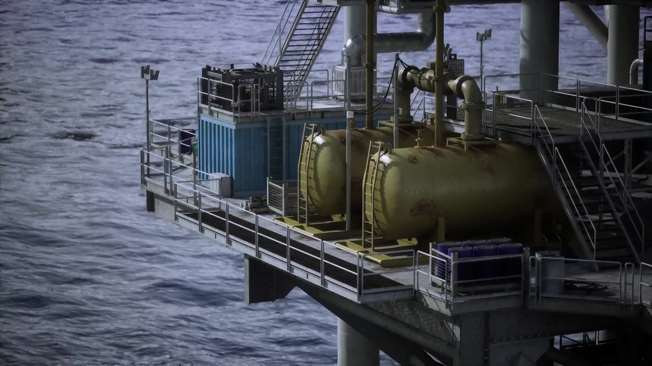 Dramatic coastal scene with industrial and maritime elements