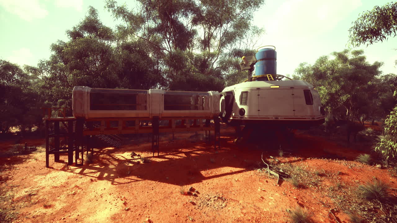 Rustic settlement with futuristic structure in a dense forest during daylight