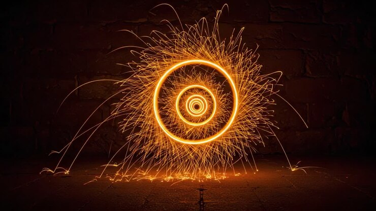 Luce dinamica e modelli di scintille creati da scintille rotanti che formano intricati design circolari su uno sfondo scuro in un'esposizione artistica