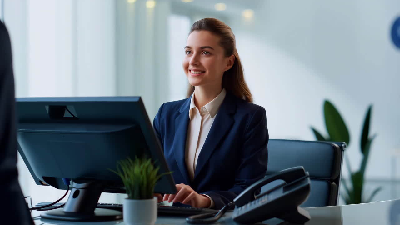Professionel kvinde arbejder og smiler ved et moderne skrivebord