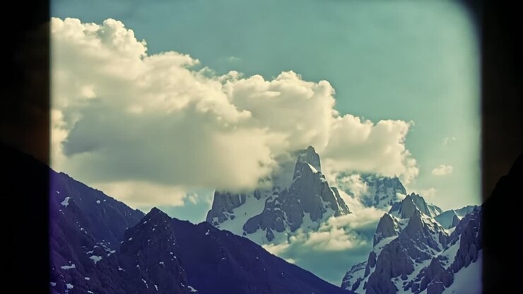 Dramatic mountain range with clouds