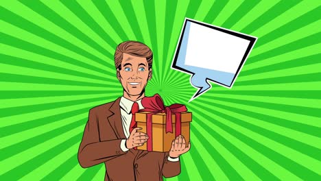 businessman with gift box and speech bubble pop art