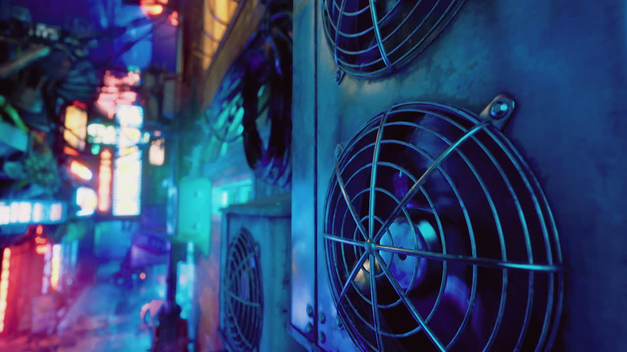 Urban landscape featuring cooling fans illuminated by neon lights at night
