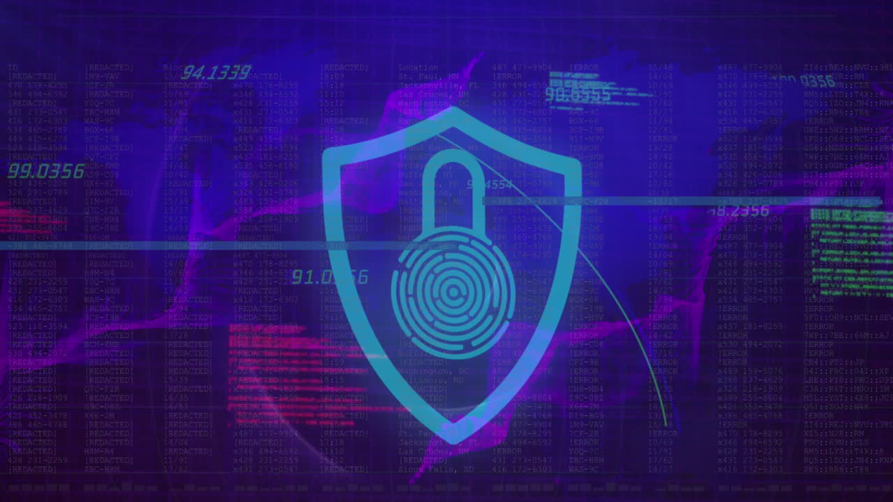 animación del icono del candado y procesamiento de datos sobre fondo azul.