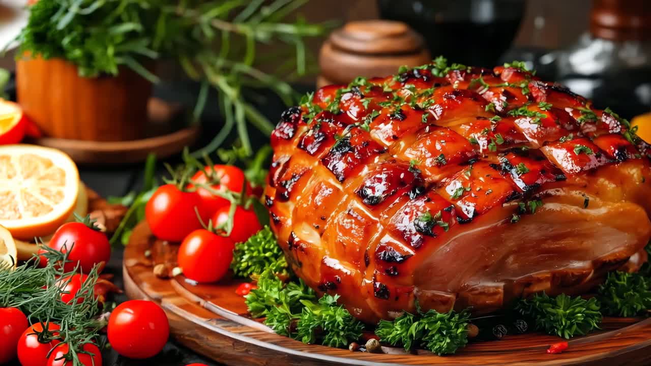 채소 와 허브 로 둘러싸인 나무판 에 놓인 햄