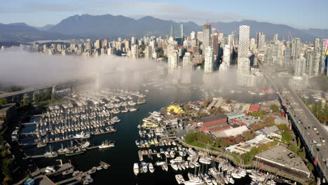 Aerial-view-of-False-Creek-and-Granville-Island-in-downtown-Vancouver,-British-Columbia