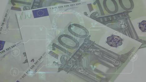 animación de la alerta de virus y el candado de seguridad sobre los billetes en euros