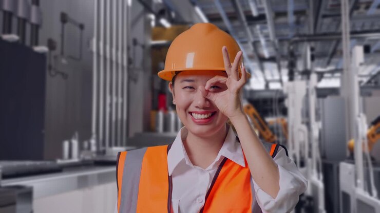 Close Up Of Asian Female Engineer With Safety Helmet Showing Ok Hand Sign Over Eye And Smiling To Camera While Standing, Automated Battery Production Line in a Modern Factory