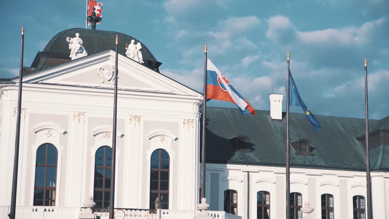 Bratislava presidential palace with Slovakia and European union flags