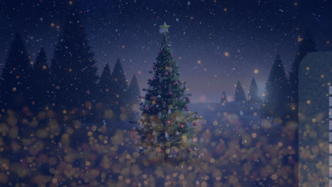 animation of snow falling and light spots over christmas tree and winter landscape