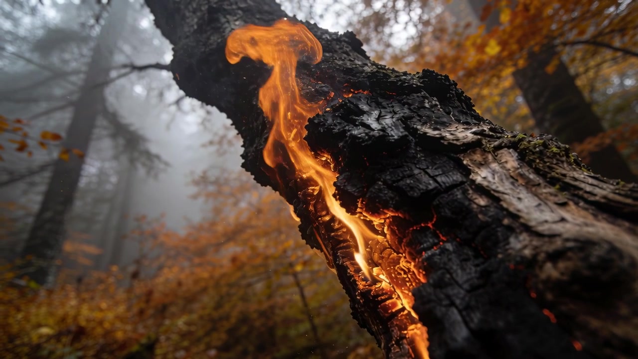 Antænder ulmende gløder, der sender flakkende flammer langs en forkullet træstamme i en tåget efterårsskov