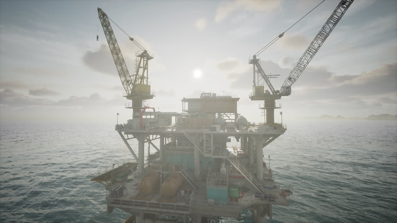 Olieplatform i havet ved solnedgang