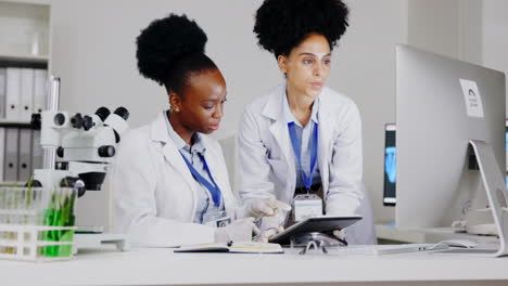 scientist, teamwork and women with tablet computer