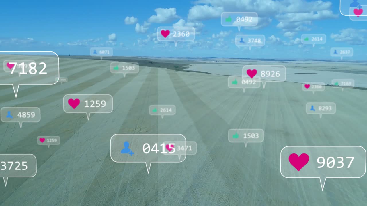 Opening aerial field spawning user bubble producing leaf heart and growth metrics drifting outward