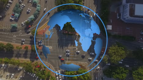 animación de un globo que gira sobre la vista aérea del tráfico en la carretera