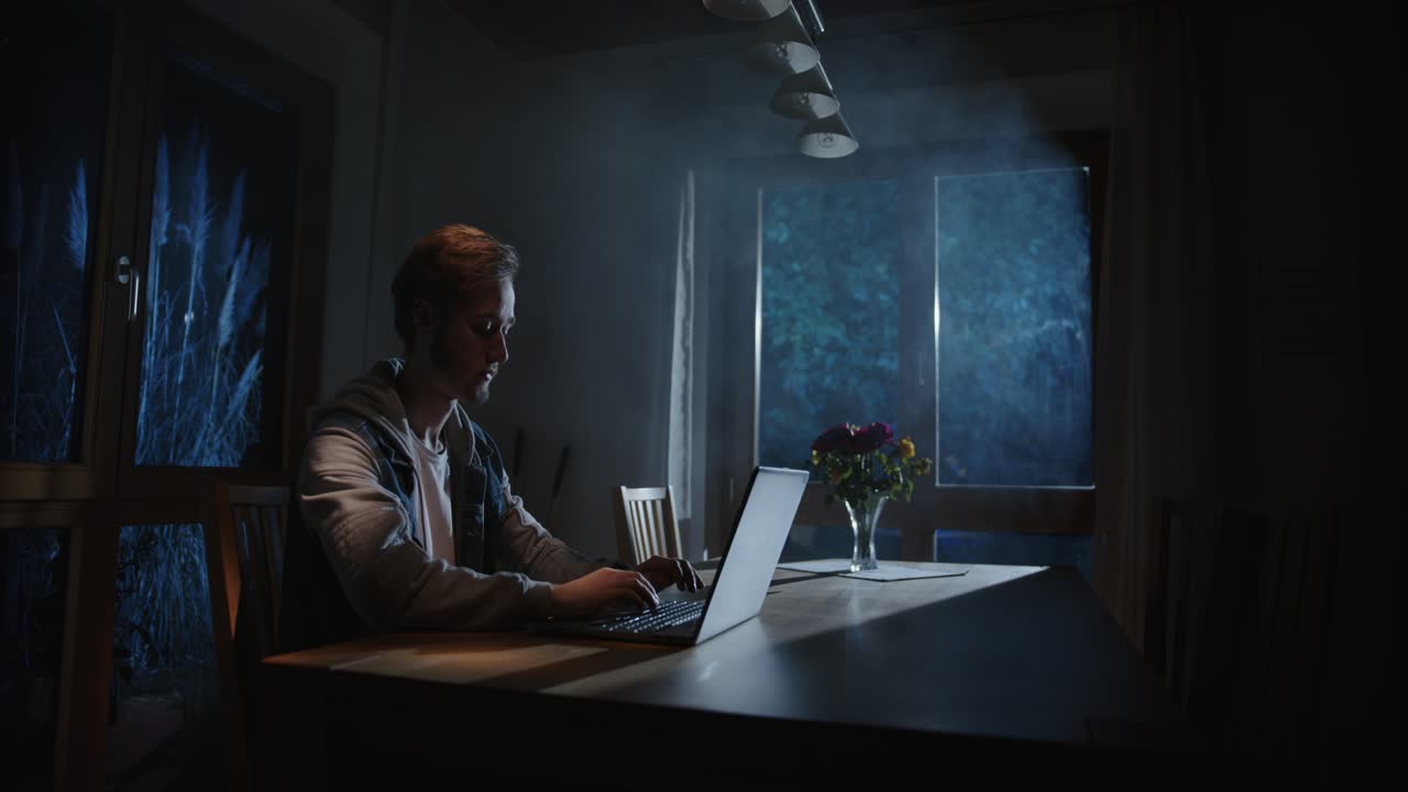 qualcuno sta digitando sul portatile in soggiorno di notte, con la luce proveniente dall'esterno