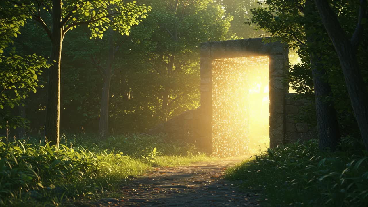 A Mesmerizing Entrance: The Ethereal Glow of a Stone Portal Surrounded by Lush Greenery and Dappled Sunlight in a Tranquil Forest Setting