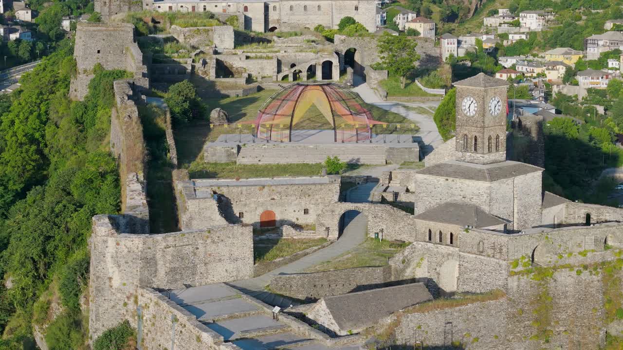 Castle of Gjirokastra birds eye view. Albanian tourist attraction and cultural heritage site.