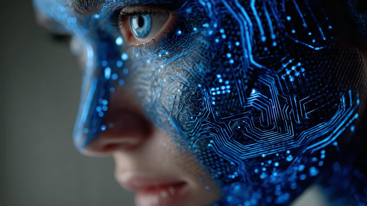 Futuristic Cybernetic Portrait: A Close-Up Analysis of a Tech-Infused Face with Striking Blue Circuitry Patterns Enhancing Human Features