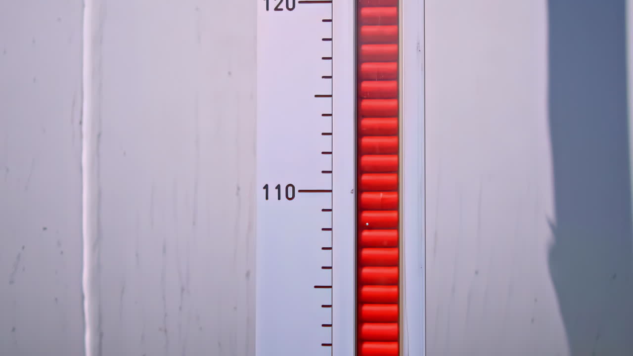 A close-up dolly-up shot follows a rising red indicator on a level gauge, showing a large industrial storage tank at a gas facility in Latvia being filled with fuel or natural gas