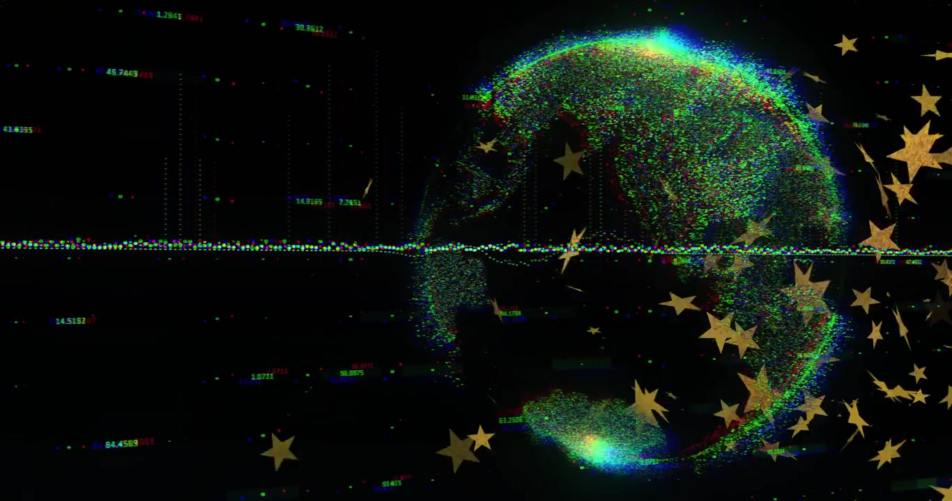 Glitching multicolor data globe spinning, showing scan-line dots and floating numeric readouts