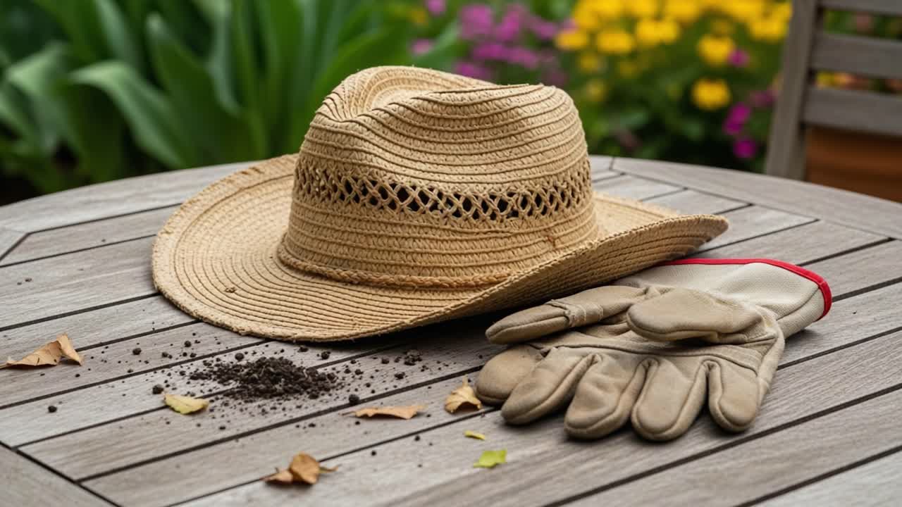 A Serene Gardening Setup Featuring a Straw Hat and Work Gloves on a Wooden Table Surrounded by Vibrant Flowers and Lush Green Foliage in a Relaxing Outdoor Space