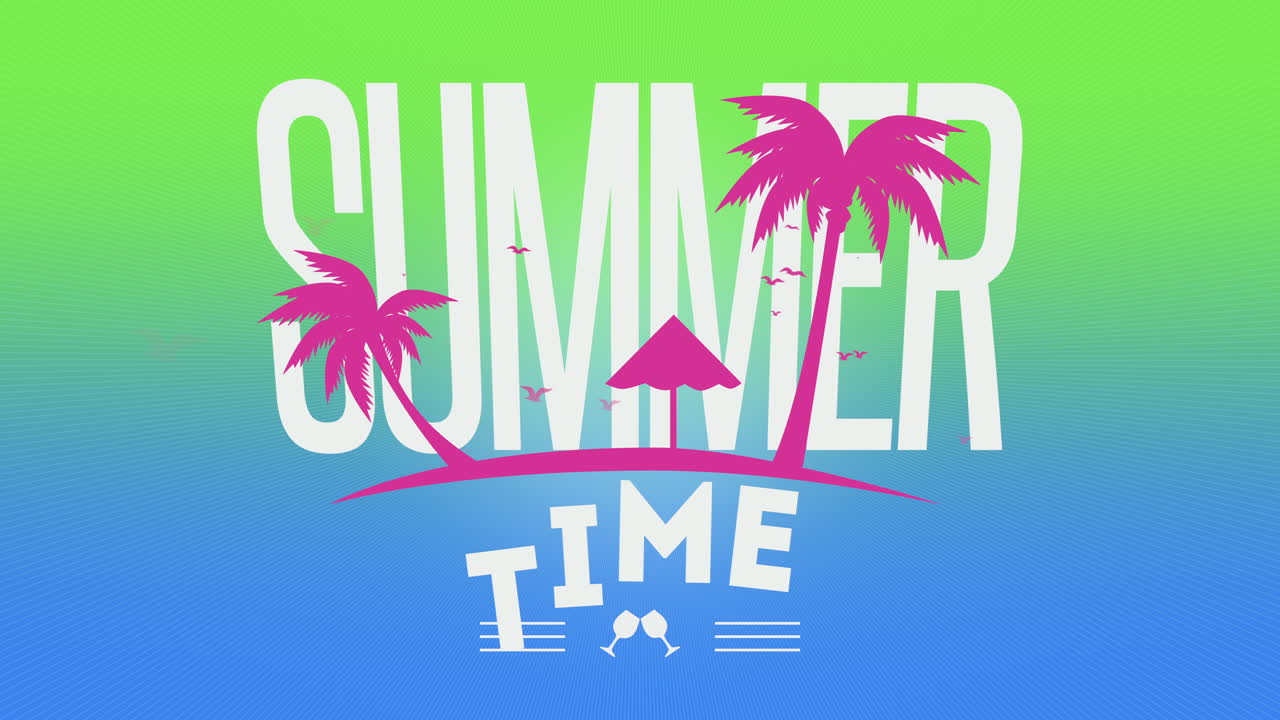 파리 새와 해변에 야자수와 여름 시간