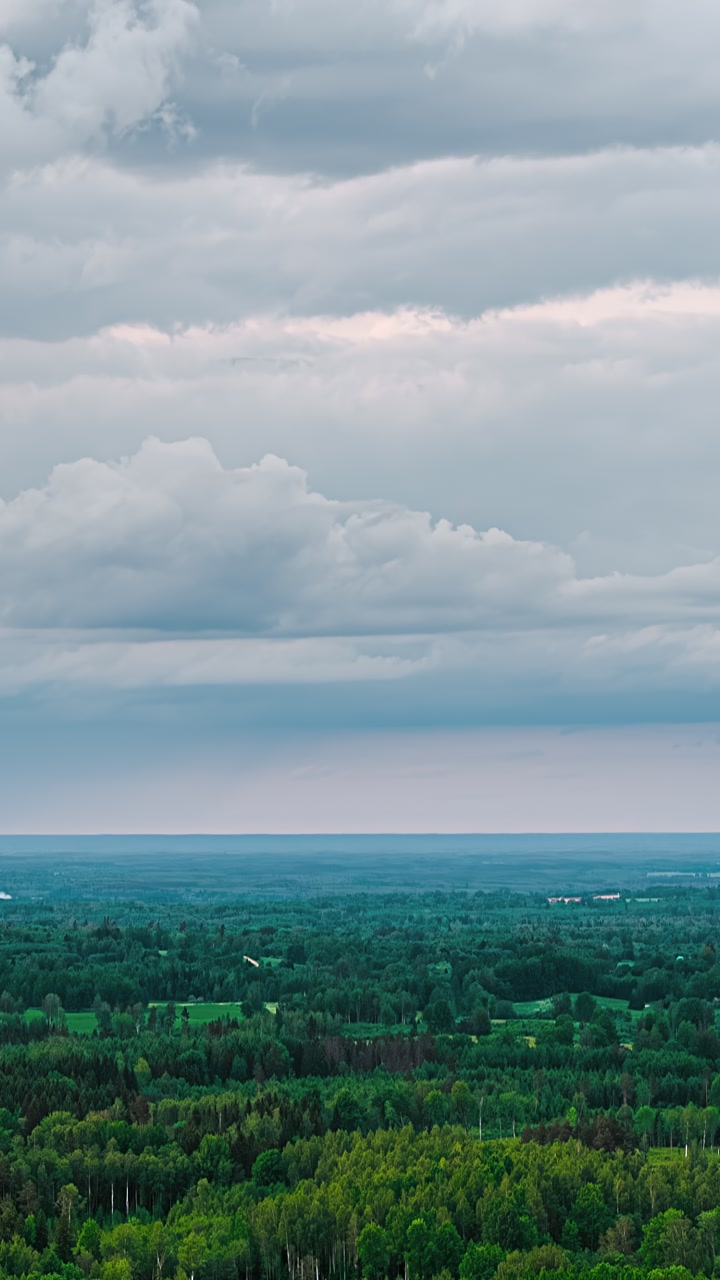 Drone view of dark gray clouds drifting quickly across the sky over a wooded landscape.