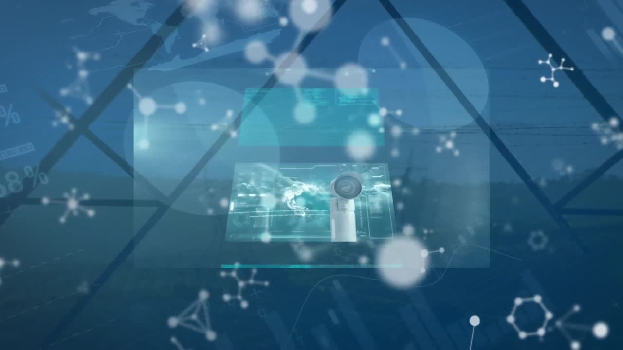 파란색 배경 위의 화면과 분자에 대한 데이터의 애니메이션