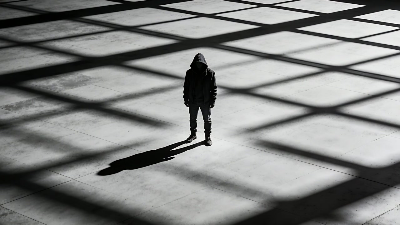 Standing hooded man shifting weight on tiled floor while light shifting through grid, jacket boots