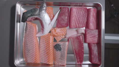 a static overhead shot showcasing a variety of raw fish, highlighting their fresh cuts and vibrant colors, perfect for sushi preparation or other seafood dishes.