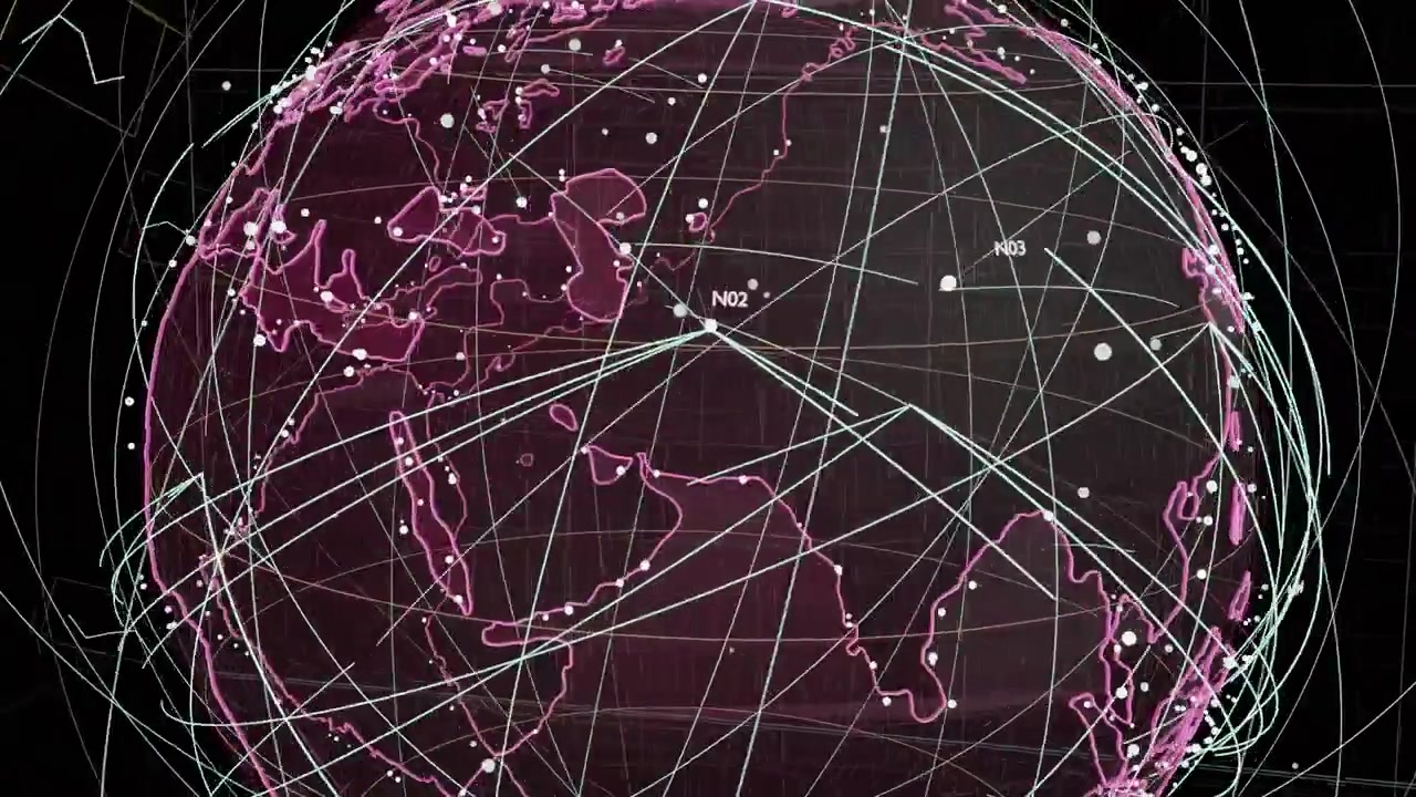 On play mesh globe rotating, tilting; nodes moving, labels showing network routes on transparent bg