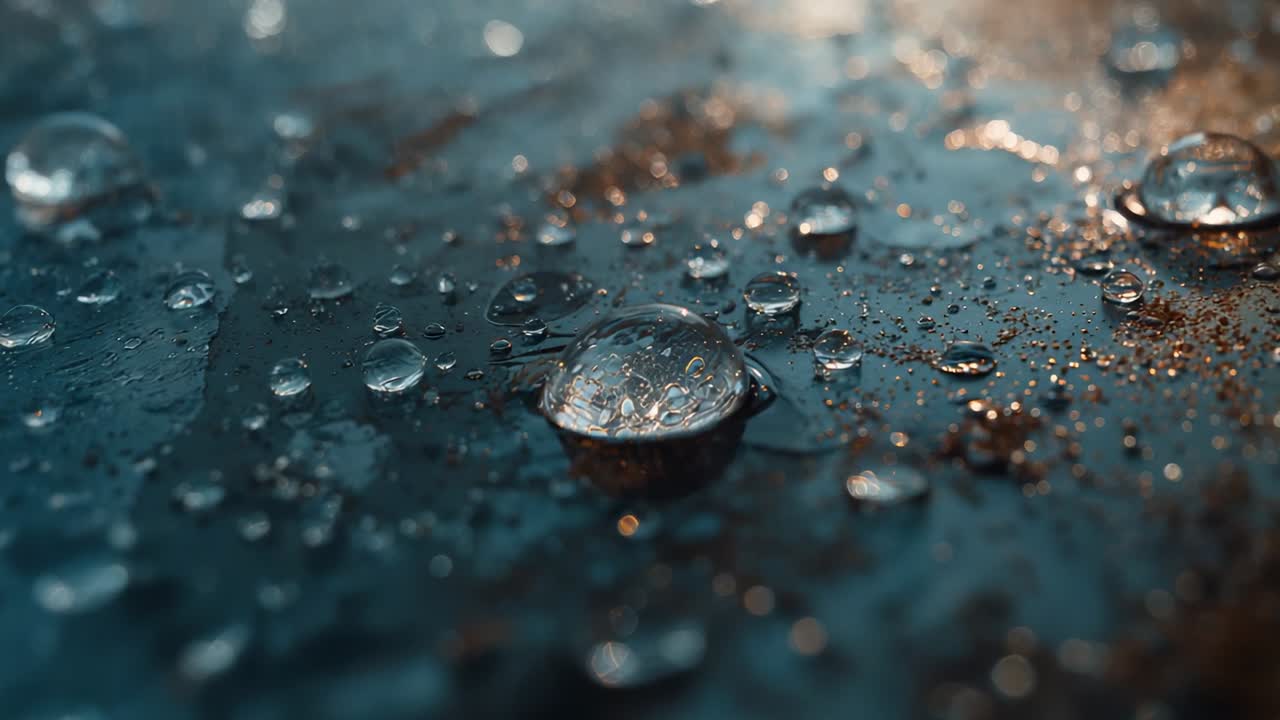 Shifting ambient light causing water droplets shimmering on blue metal surface with rust granules