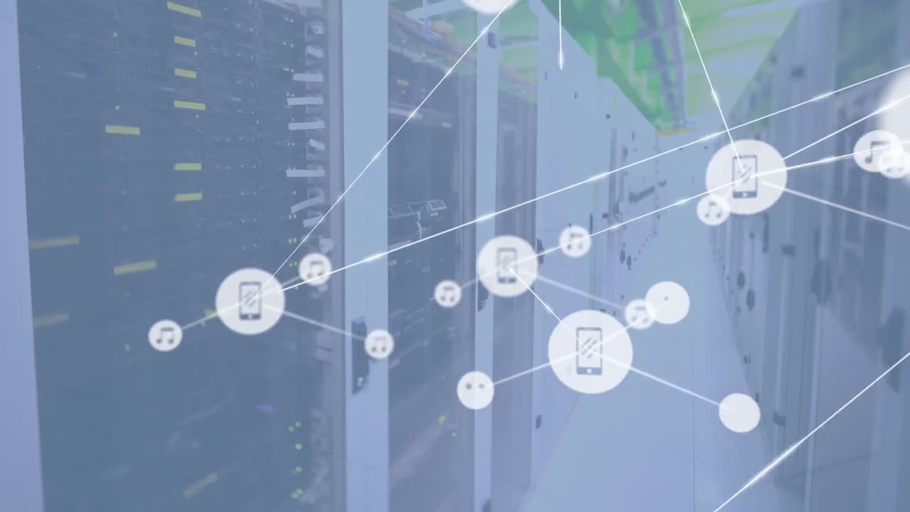Animation of network of media icons exchanging data over computer server room