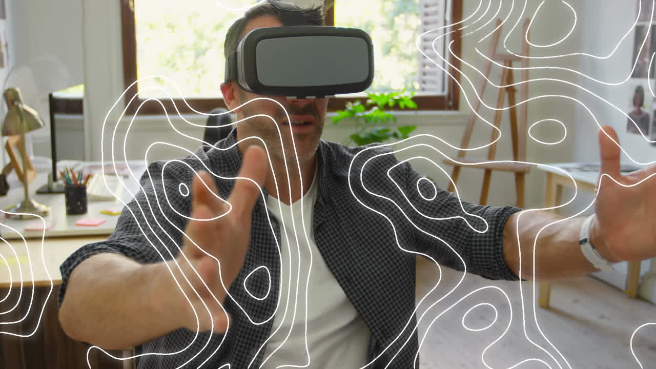 animación de líneas blancas sobre un hombre caucásico que usa auriculares vr