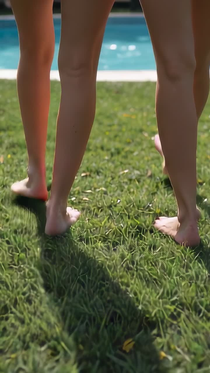 Video verticale: sole caldo che illumina due donne che camminano a piedi nudi nel cortile verso il bordo piscina in bikini