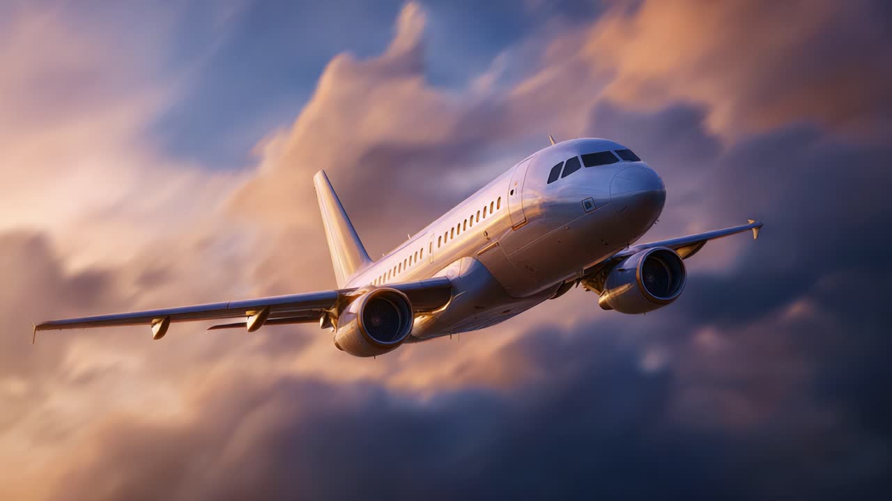 Un aereo elegante che solca un cielo dinamico pieno di nuvole espressive, catturando l'essenza del volo e la bellezza dell'aviazione al tramonto